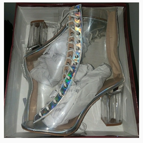 Silver Perplex Clear Lucite Peep Toe Bootie Boots - NO BOX - Picture 5 of 5